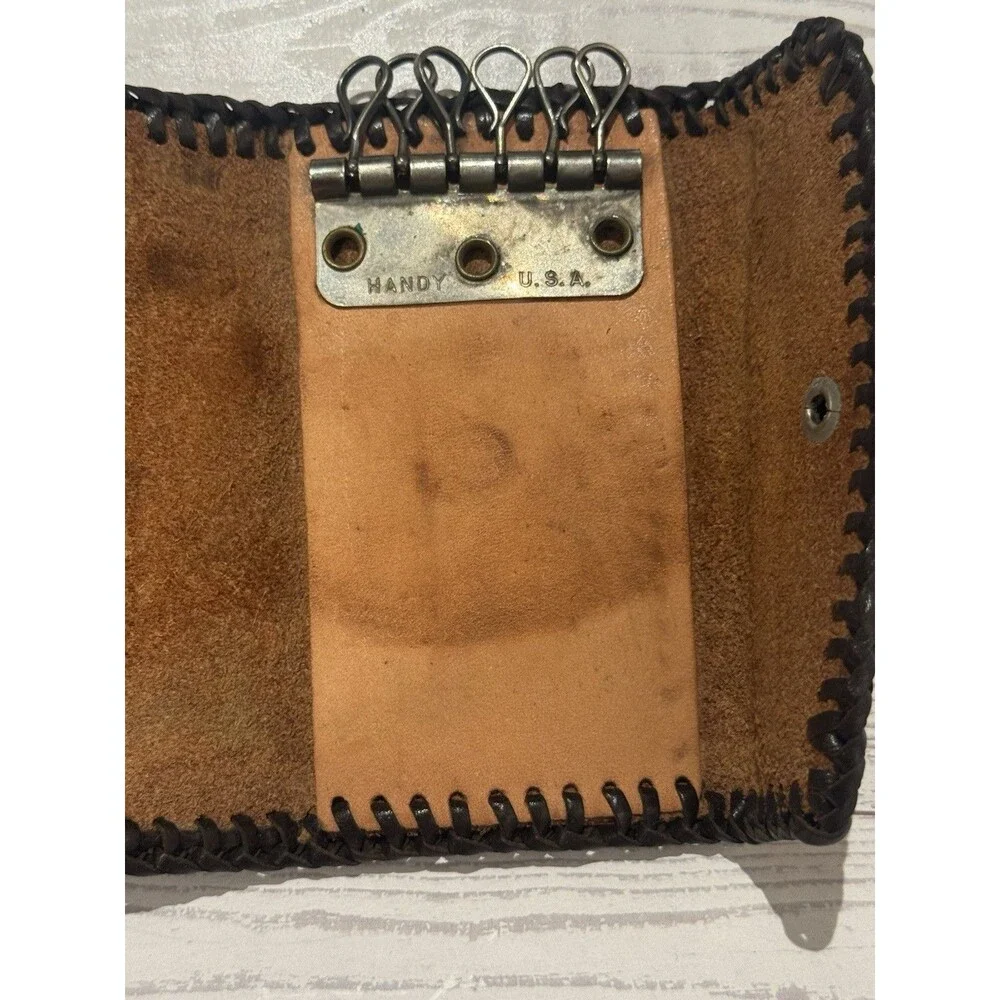 VTG Hand Tooled Leather Bird Floral Mini Key Case Western Whipstitch Tan Brown
